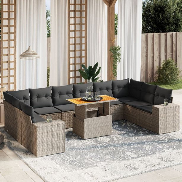 vidaXL 11-tlg. Garten-Sofagarnitur mit Kissen Schwarz Poly Rattan