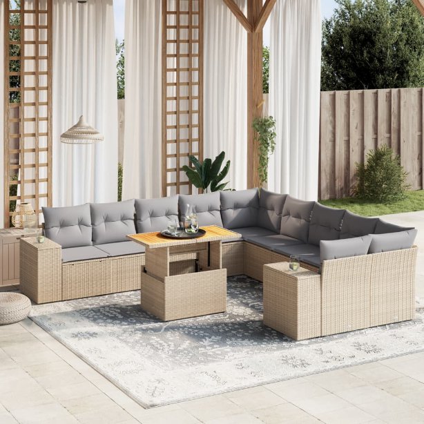 vidaXL 11-tlg. Garten-Sofagarnitur mit Kissen Schwarz Poly Rattan