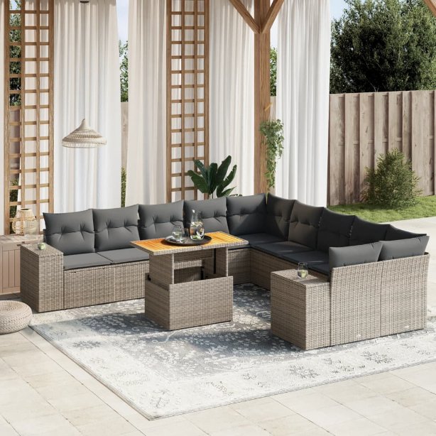 vidaXL 11-tlg. Garten-Sofagarnitur mit Kissen Schwarz Poly Rattan