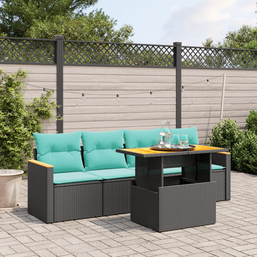 5-tlg. Garten-Sofagarnitur mit Kissen Schwarz Poly Rattan