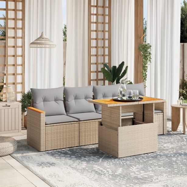 5-tlg. Garten-Sofagarnitur mit Kissen Schwarz Poly Rattan