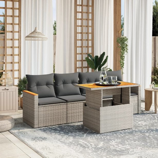 5-tlg. Garten-Sofagarnitur mit Kissen Schwarz Poly Rattan
