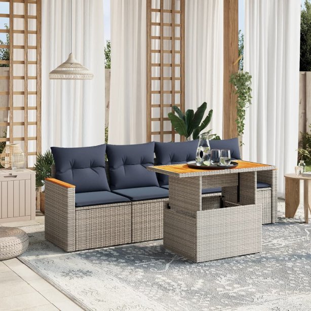 5-tlg. Garten-Sofagarnitur mit Kissen Schwarz Poly Rattan