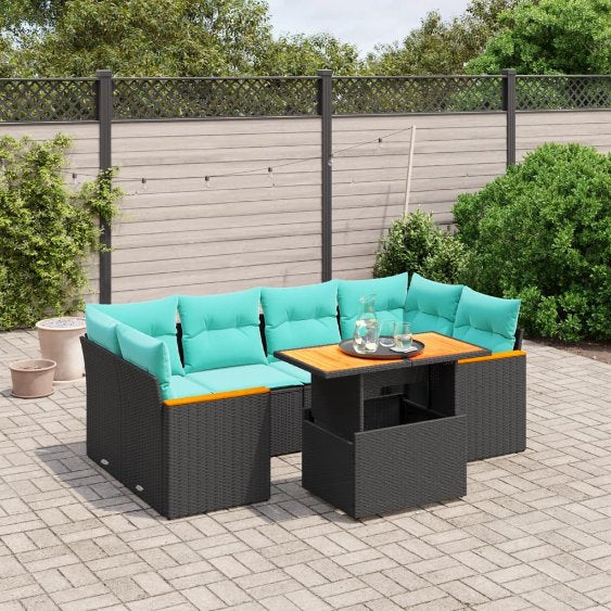 7-tlg. Garten-Sofagarnitur mit Kissen Schwarz Poly Rattan