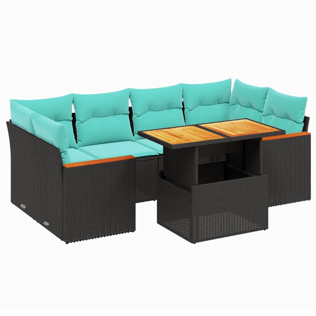 7-tlg. Garten-Sofagarnitur mit Kissen Schwarz Poly Rattan