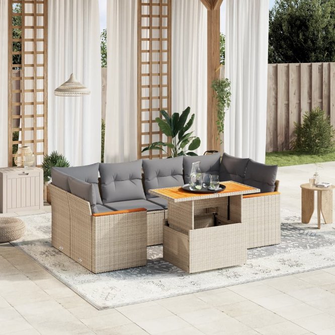 7-tlg. Garten-Sofagarnitur mit Kissen Schwarz Poly Rattan