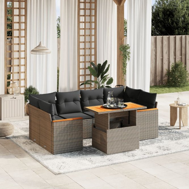 7-tlg. Garten-Sofagarnitur mit Kissen Schwarz Poly Rattan