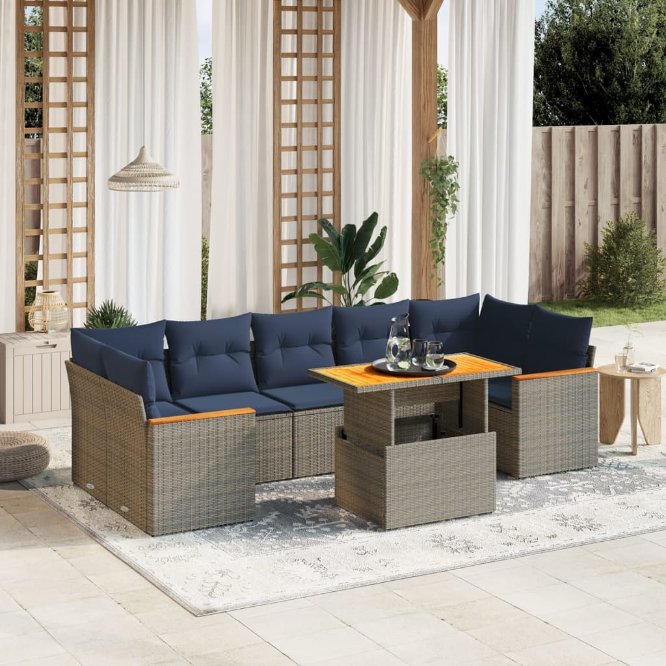 8-tlg. Garten-Sofagarnitur mit Kissen Schwarz Poly Rattan