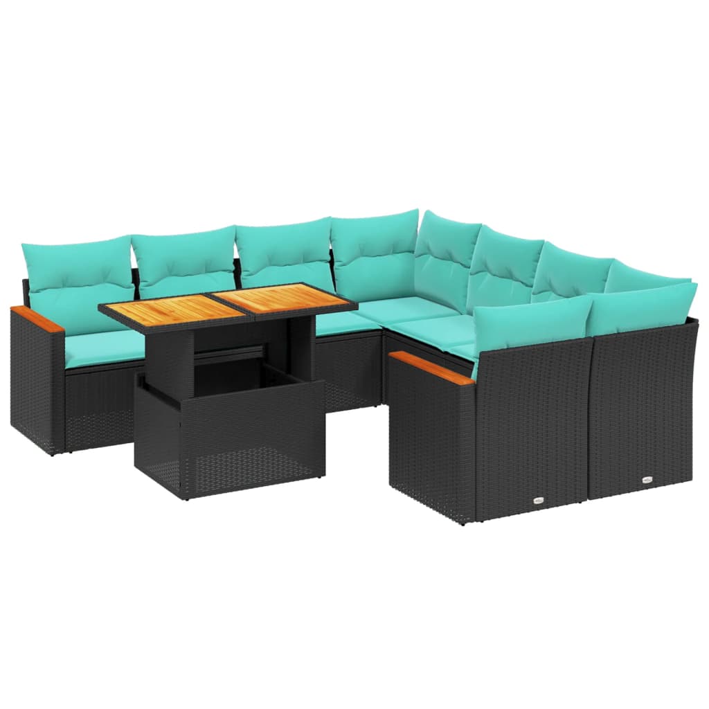 9-tlg. Garten-Sofagarnitur mit Kissen Schwarz Poly Rattan