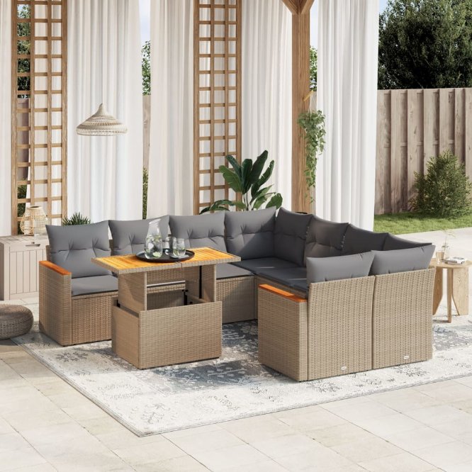 9-tlg. Garten-Sofagarnitur mit Kissen Schwarz Poly Rattan