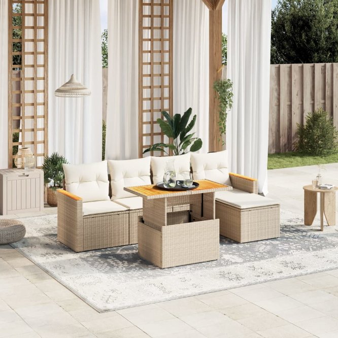 6-tlg. Garten-Sofagarnitur mit Kissen Schwarz Poly Rattan