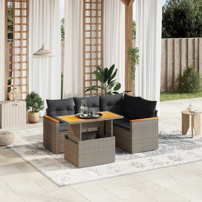 5-tlg. Garten-Sofagarnitur mit Kissen Schwarz Poly Rattan