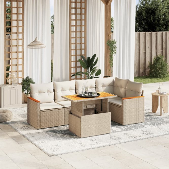 6-tlg. Garten-Sofagarnitur mit Kissen Schwarz Poly Rattan