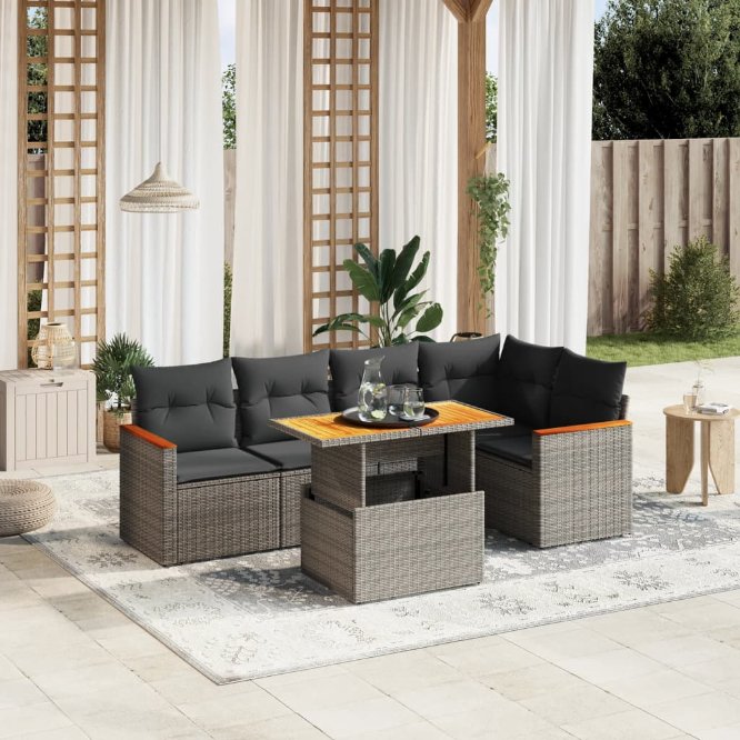 6-tlg. Garten-Sofagarnitur mit Kissen Schwarz Poly Rattan