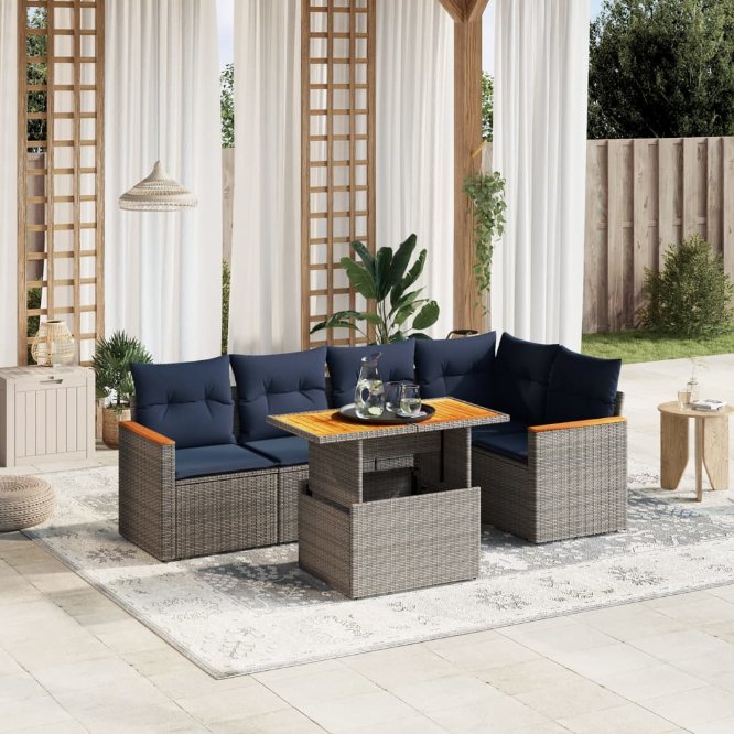6-tlg. Garten-Sofagarnitur mit Kissen Schwarz Poly Rattan