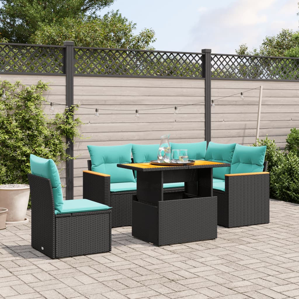 6-tlg. Garten-Sofagarnitur mit Kissen Schwarz Poly Rattan