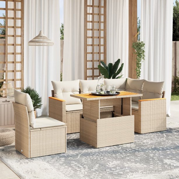 6-tlg. Garten-Sofagarnitur mit Kissen Schwarz Poly Rattan
