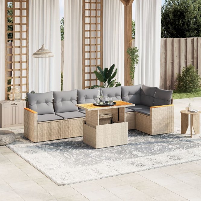 7-tlg. Garten-Sofagarnitur mit Kissen Schwarz Poly Rattan