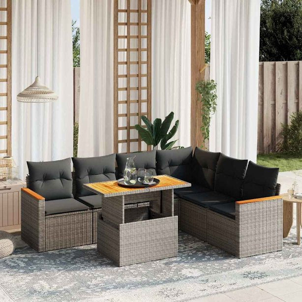 7-tlg. Garten-Sofagarnitur mit Kissen Schwarz Poly Rattan