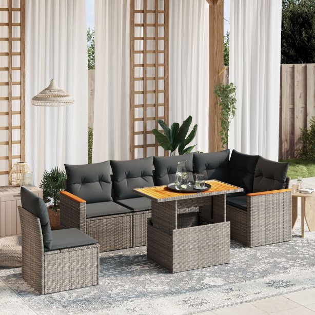 7-tlg. Garten-Sofagarnitur mit Kissen Schwarz Poly Rattan