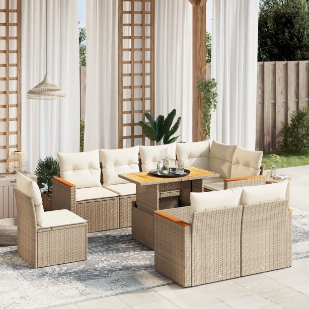 9-tlg. Garten-Sofagarnitur mit Kissen Schwarz Poly Rattan