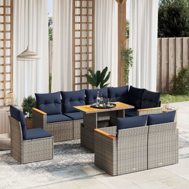 9-tlg. Garten-Sofagarnitur mit Kissen Schwarz Poly Rattan