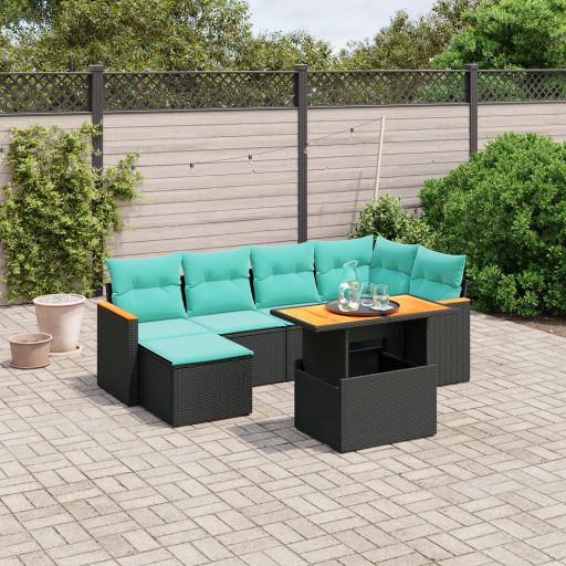 7-tlg. Garten-Sofagarnitur mit Kissen Schwarz Poly Rattan