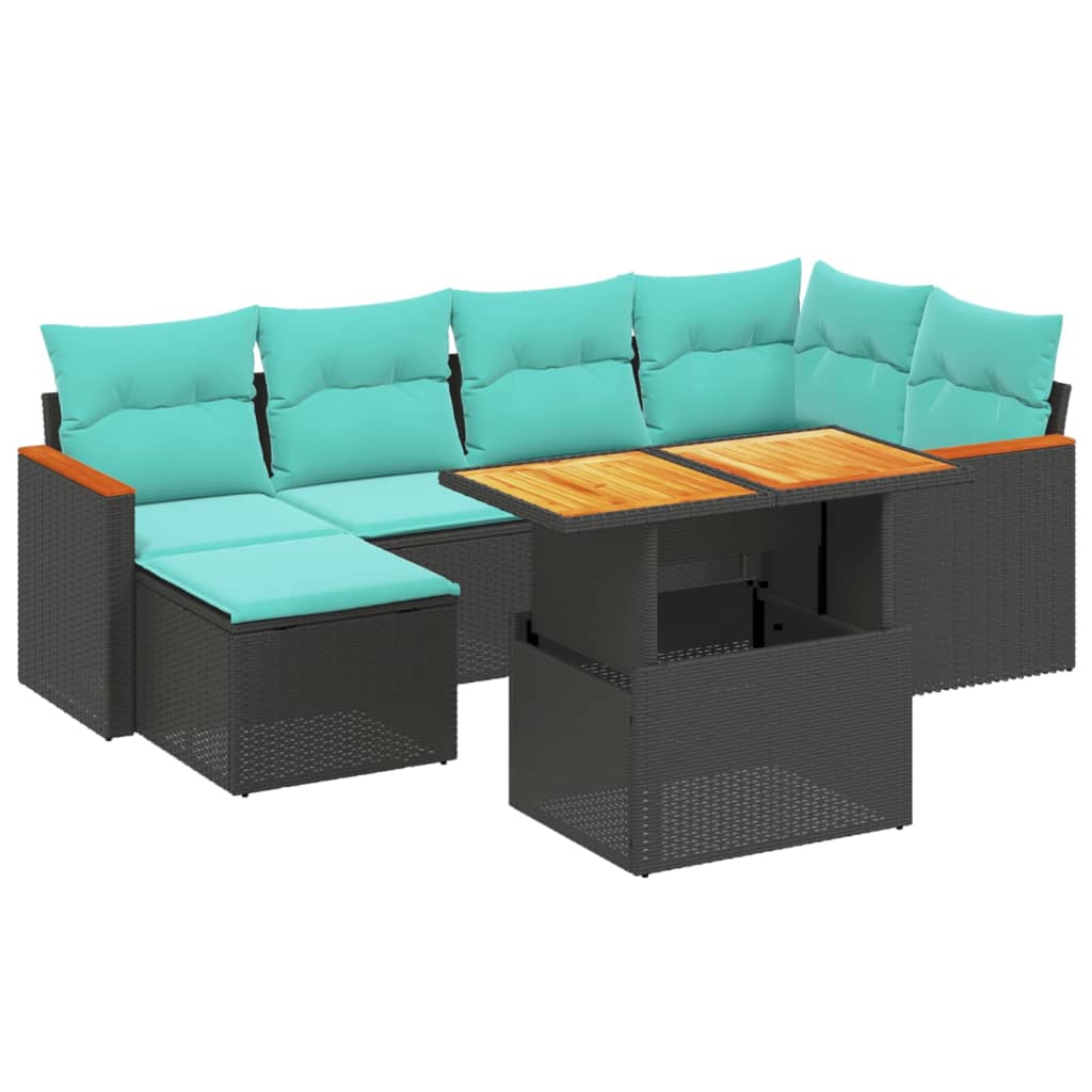 7-tlg. Garten-Sofagarnitur mit Kissen Schwarz Poly Rattan