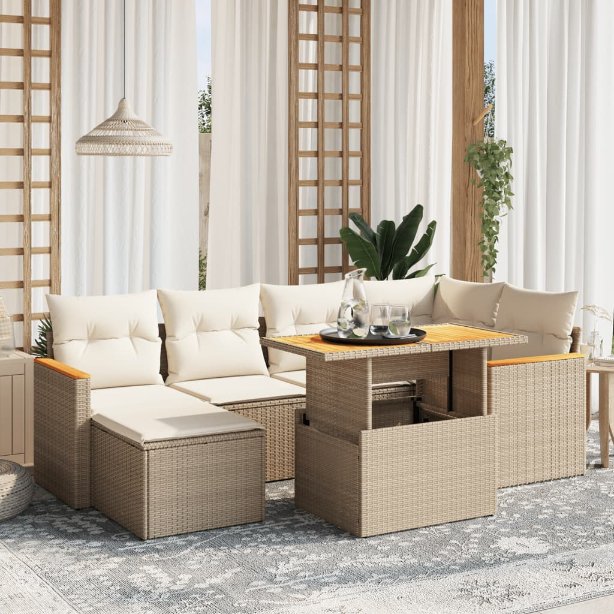 7-tlg. Garten-Sofagarnitur mit Kissen Schwarz Poly Rattan