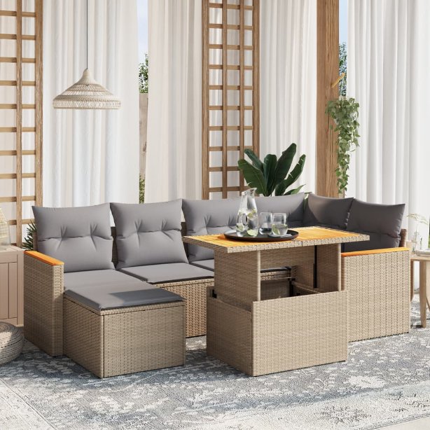 7-tlg. Garten-Sofagarnitur mit Kissen Schwarz Poly Rattan