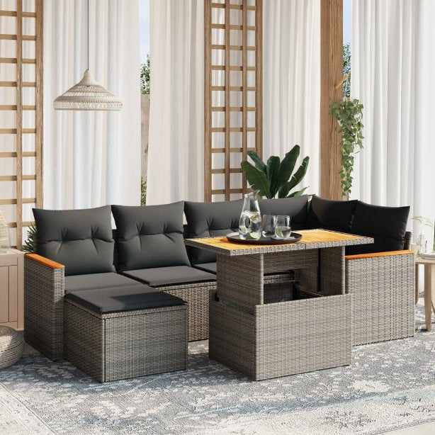 7-tlg. Garten-Sofagarnitur mit Kissen Schwarz Poly Rattan