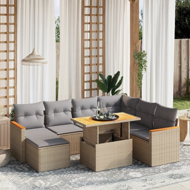 8-tlg. Garten-Sofagarnitur mit Kissen Schwarz Poly Rattan
