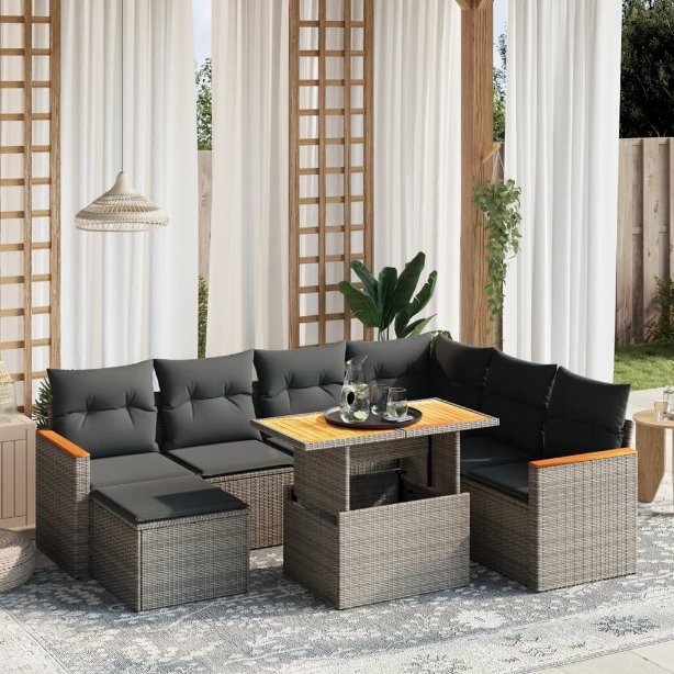 8-tlg. Garten-Sofagarnitur mit Kissen Schwarz Poly Rattan