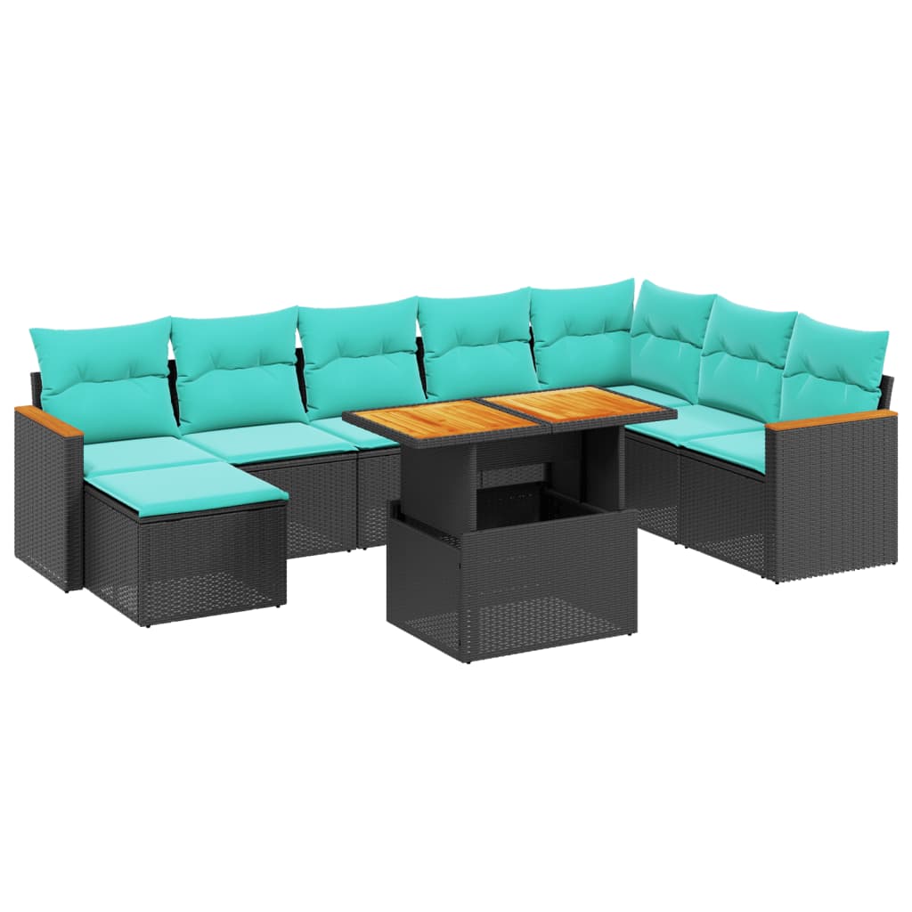 9-tlg. Garten-Sofagarnitur mit Kissen Schwarz Poly Rattan