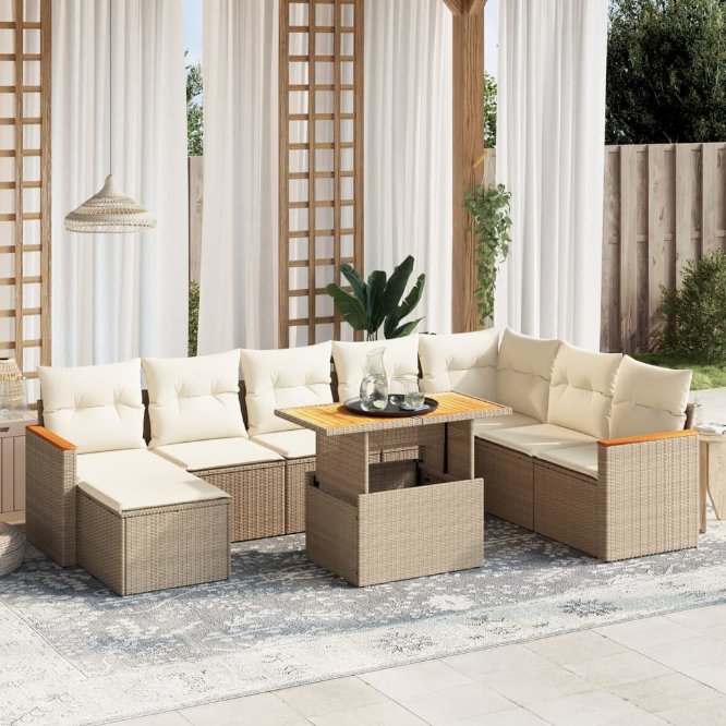 9-tlg. Garten-Sofagarnitur mit Kissen Schwarz Poly Rattan