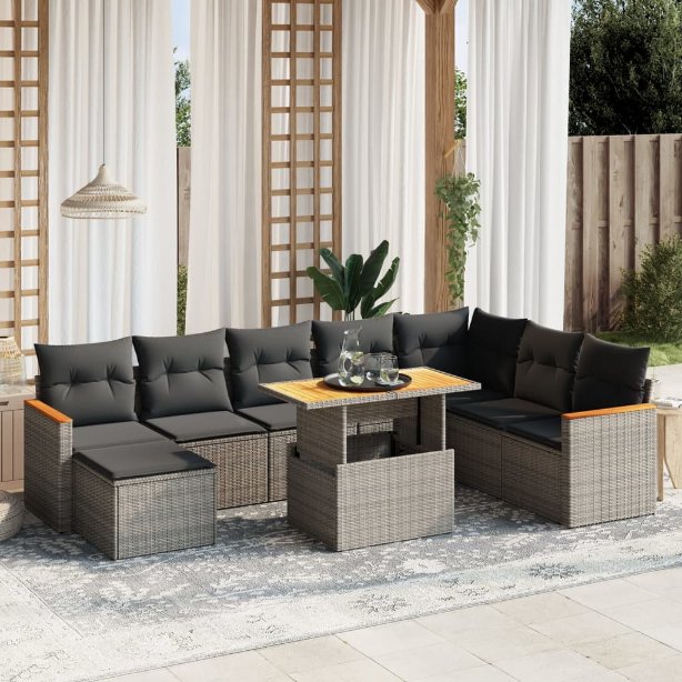 9-tlg. Garten-Sofagarnitur mit Kissen Schwarz Poly Rattan