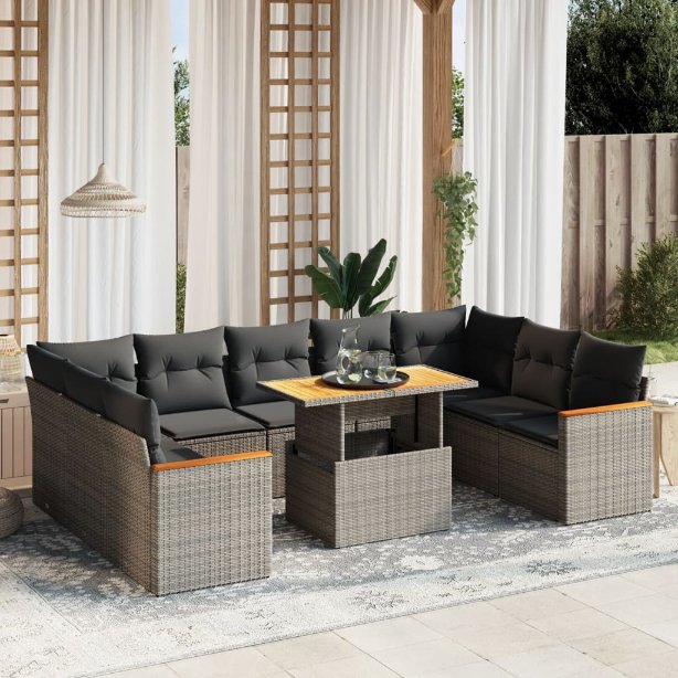 vidaXL 10-tlg. Garten-Sofagarnitur mit Kissen Schwarz Poly Rattan