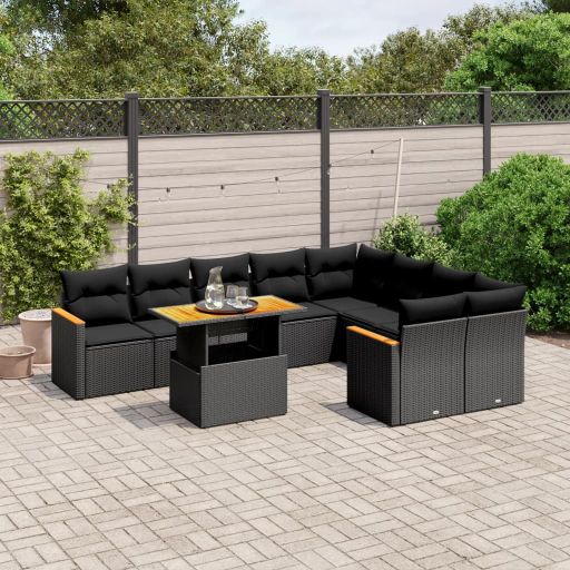 vidaXL 10-tlg. Garten-Sofagarnitur mit Kissen Schwarz Poly Rattan