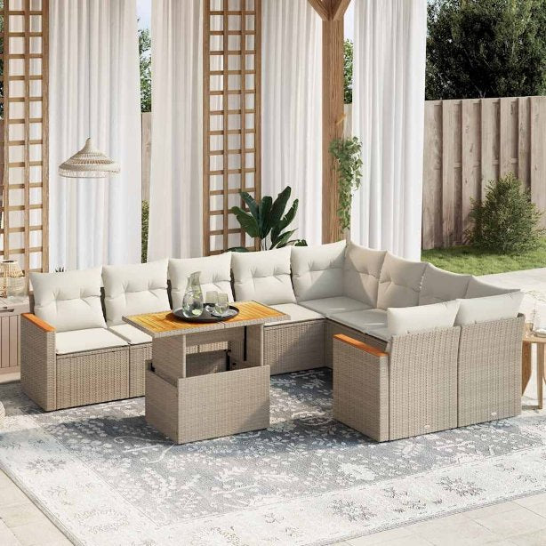 vidaXL 10-tlg. Garten-Sofagarnitur mit Kissen Schwarz Poly Rattan