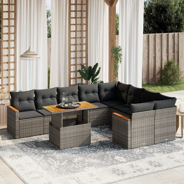 vidaXL 10-tlg. Garten-Sofagarnitur mit Kissen Schwarz Poly Rattan