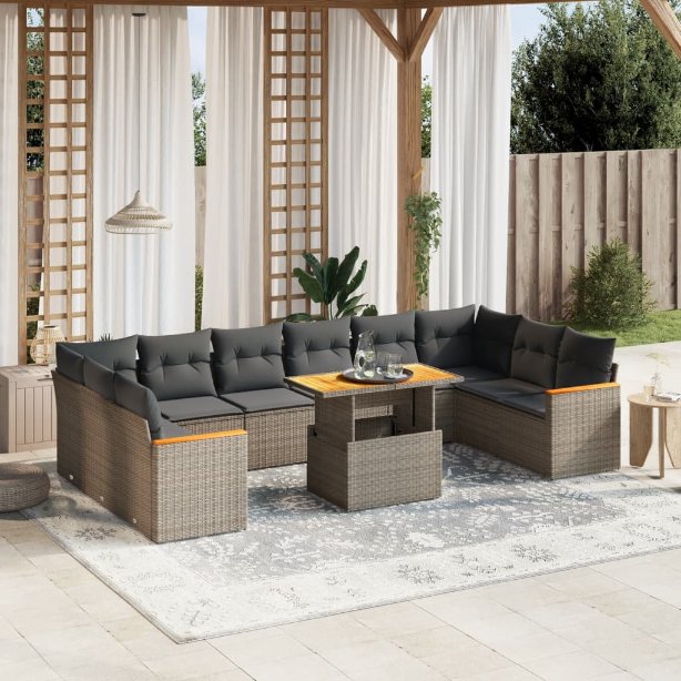 vidaXL 11-tlg. Garten-Sofagarnitur mit Kissen Schwarz Poly Rattan