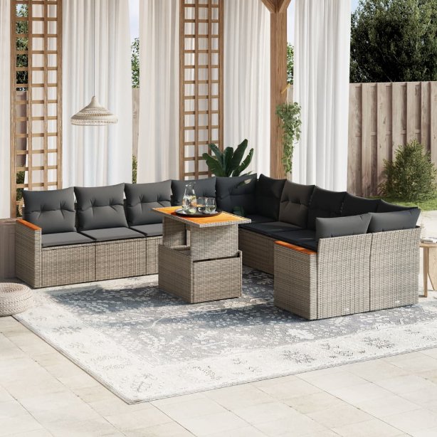 vidaXL 11-tlg. Garten-Sofagarnitur mit Kissen Schwarz Poly Rattan