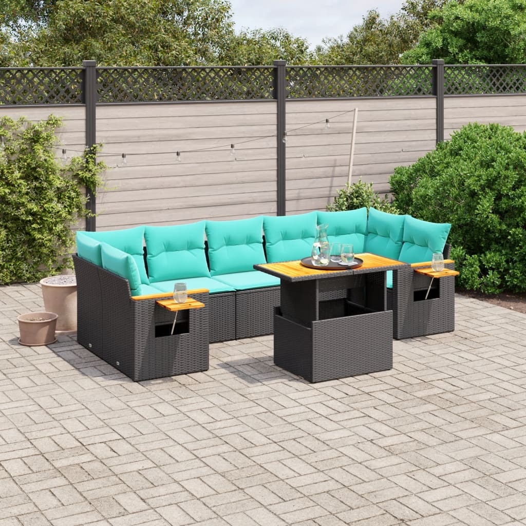 8-tlg. Garten-Sofagarnitur mit Kissen Schwarz Poly Rattan