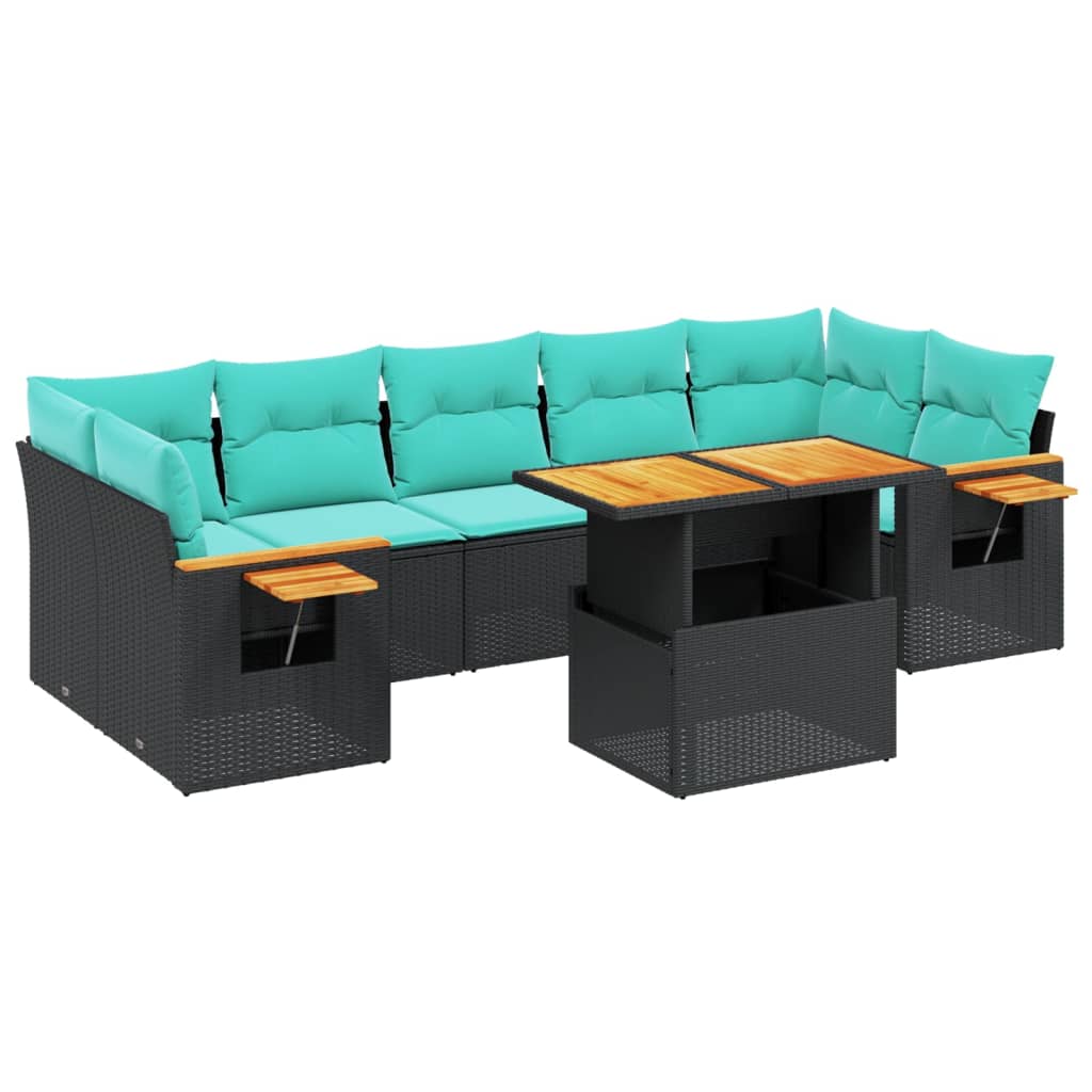 8-tlg. Garten-Sofagarnitur mit Kissen Schwarz Poly Rattan