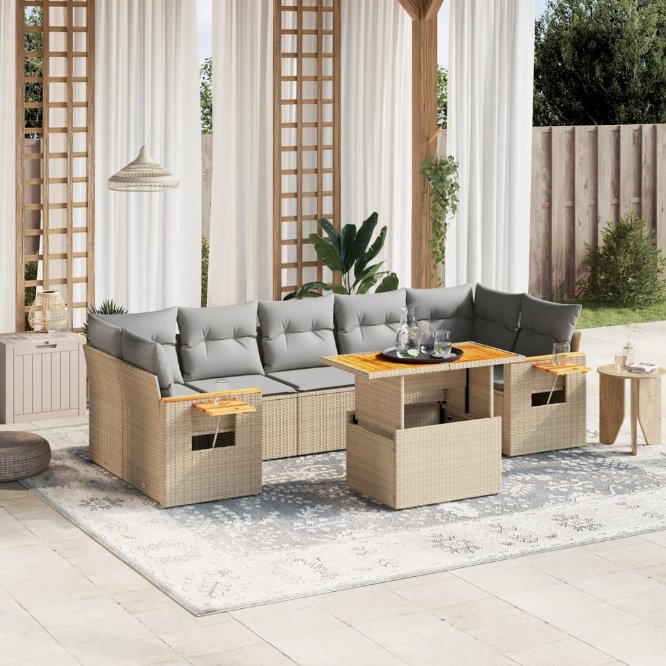8-tlg. Garten-Sofagarnitur mit Kissen Schwarz Poly Rattan