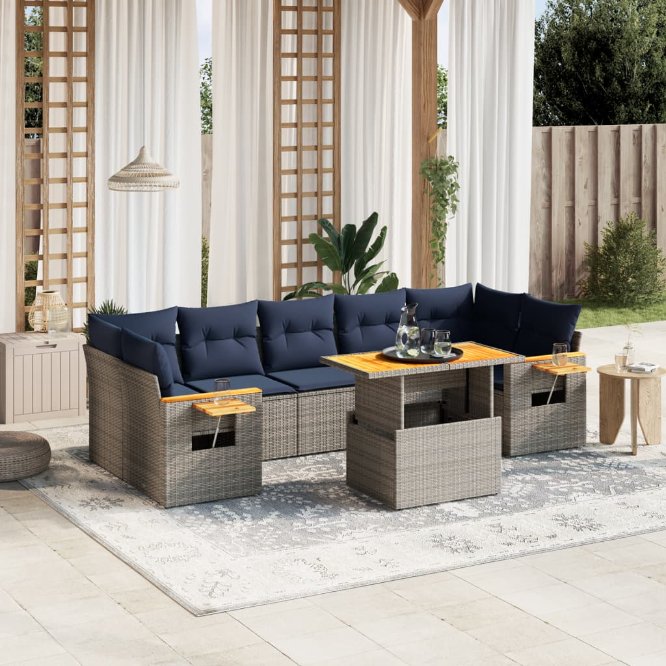 8-tlg. Garten-Sofagarnitur mit Kissen Schwarz Poly Rattan