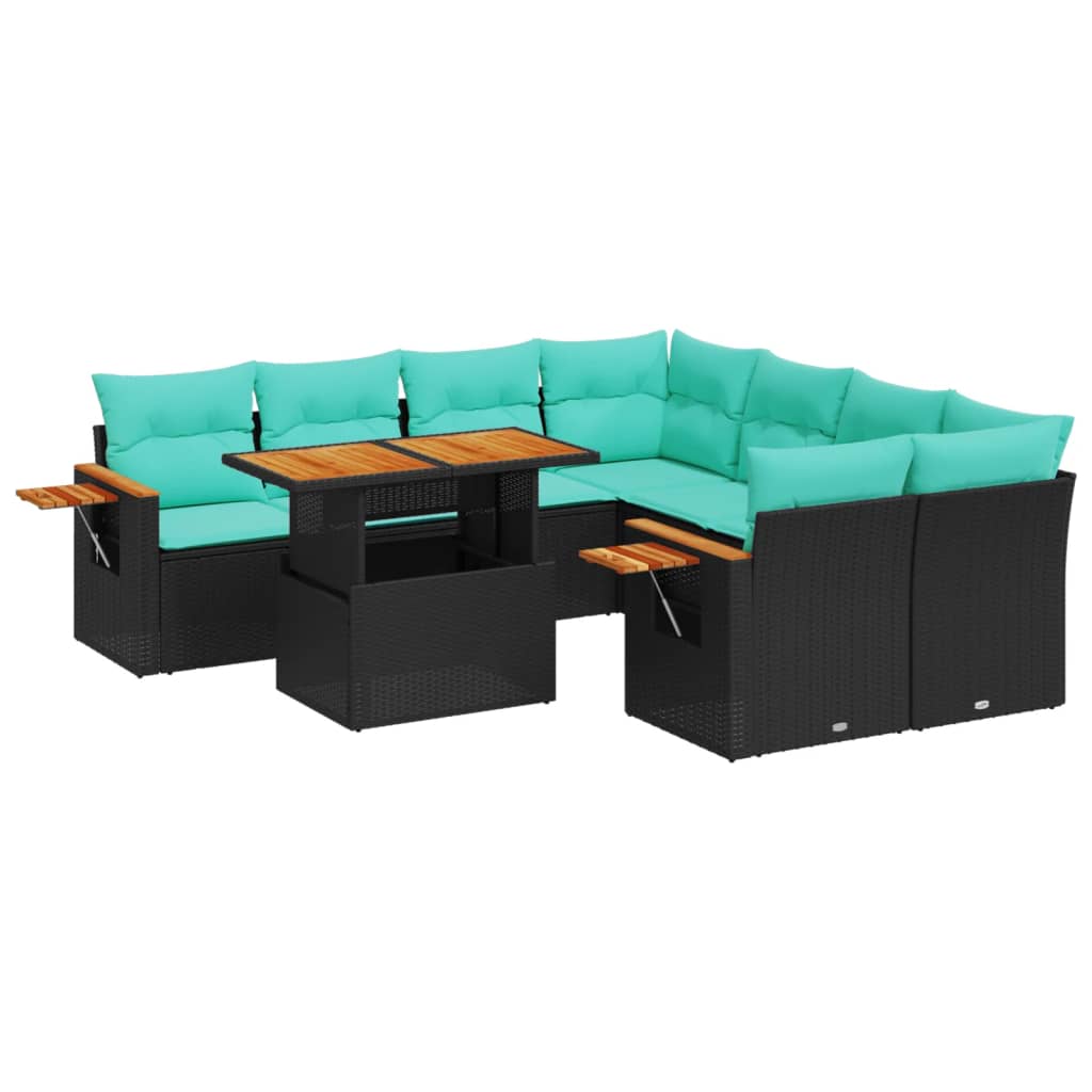 9-tlg. Garten-Sofagarnitur mit Kissen Schwarz Poly Rattan