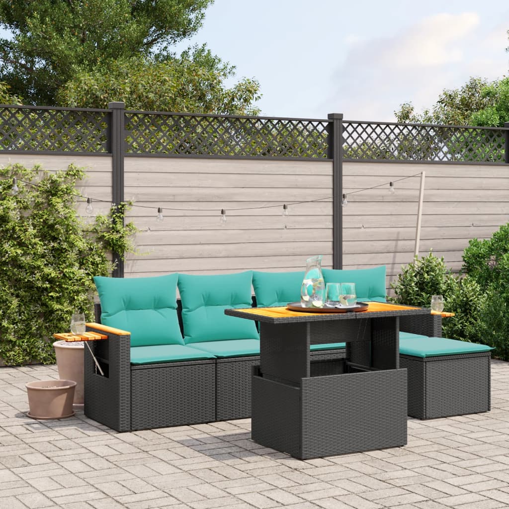 6-tlg. Garten-Sofagarnitur mit Kissen Schwarz Poly Rattan