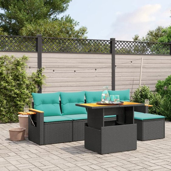 6-tlg. Garten-Sofagarnitur mit Kissen Schwarz Poly Rattan