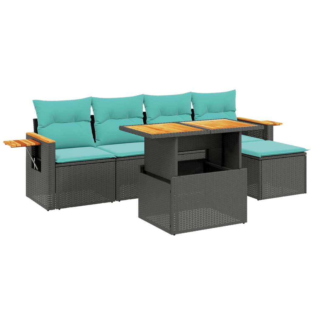 6-tlg. Garten-Sofagarnitur mit Kissen Schwarz Poly Rattan